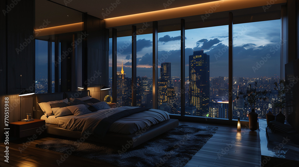 Modern bedroom in an expensive apartment in dark colors. Luxurious interior of an expensive apartment Modern bedroom in an expensive apartment in dark colors. Luxurious interior of an expensive apartment