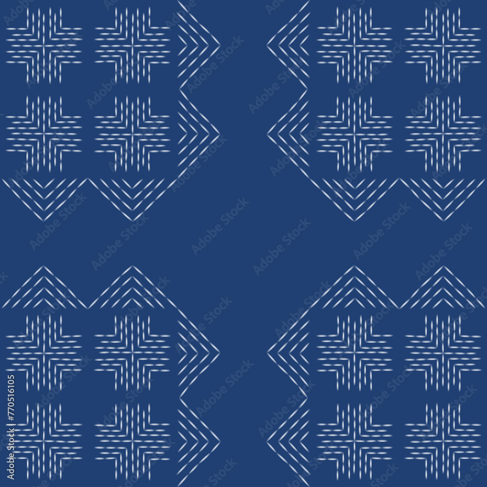 Sashiko Japanese style stitch handmade artwork white thread line design.Abstract seamless geometric pattern.Digital art illustration graphic resources.Indigo blue background 