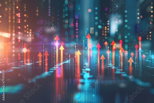 Digital landscape of market analytics, glowing arrows charting successes and setbacks photo