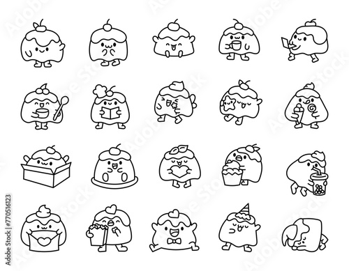 Cartoon happy pudding characters. Coloring Page. Fun food. Hand style. Vector drawing. Collection of design elements. © palau83