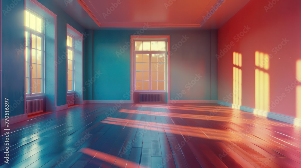 A room with a blue wall and a white window
