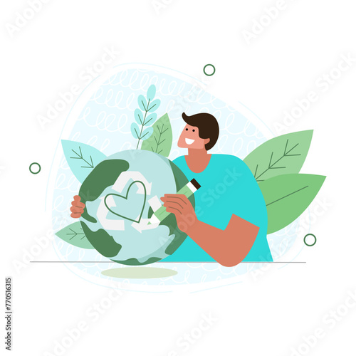 Vector illustration on a white isolated background with a guy hugging the planet earth and drawing a heart on it. Love and care for the planet.