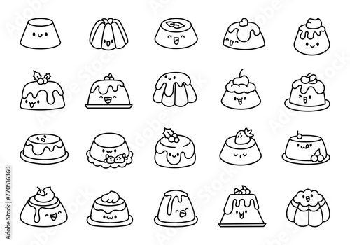 Cute kawaii pudding. Coloring Page. Happy cake cartoon character. Funny food. Hand drawn style. Vector drawing. Collection of design elements. © palau83