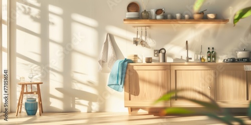 Chic minimalist kitchen arrangement basked in golden-hour sunlight  highlighting modern elegance and cozy home aesthetics