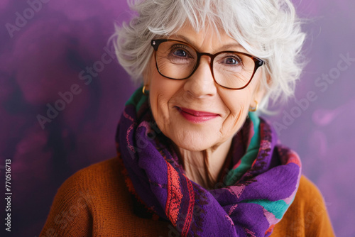 Portrait of an elderly woman wearing glasses against a bright wall on a sunny day.