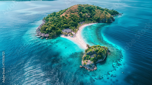 view of island, tropical island in the ocean, Aerial top view beautiful Sea island and beach in the blue sky