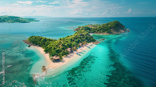 tropical island in the island, tropical island in the ocean, Aerial top view beautiful Sea island and beach in the blue sky