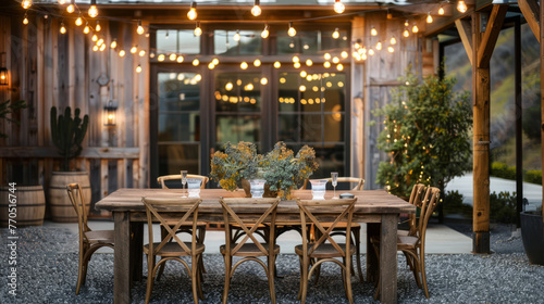 A rustic yet polished outdoor dining setting under festoon lights offering a magical twilight experience
