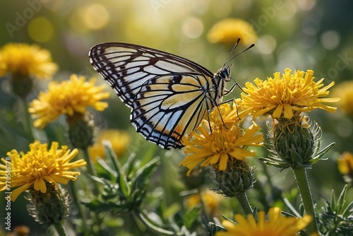 a butterfly sitting on a Yellow flower in spring time with background yellow Color Flowers © Arman