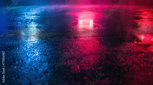Wet asphalt, night view, neon reflection on the concrete floor. Night empty stage, studio. Dark abstract background. Product Showcase Spotlight Background - generative ai © Nia™