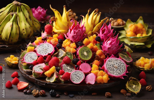 Indulge in a tropical feast for the senses, with a diverse selection of fruits ranging from the exotic dragon fruit to the familiar banana, each one a unique and delicious treat