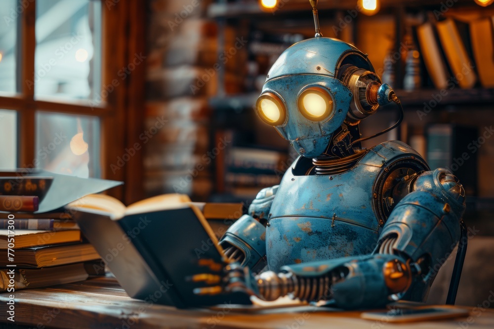 A robot sitting at a table reading a book. A robot sitting at a table reading a book.