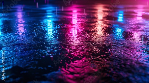 Wet asphalt, night view, neon reflection on the concrete floor. Night empty stage, studio. Dark abstract background. Product Showcase Spotlight Background - generative ai