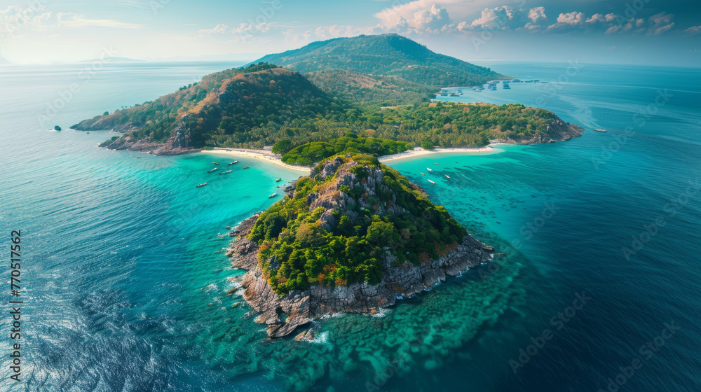 view of island in the ocean, Aerial top view beautiful Sea island and beach in the blue sky 