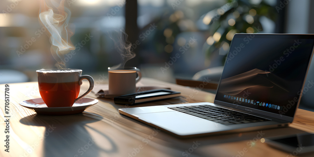 cup of coffee and laptop, Workspace Essentials Coffee Mug and Laptop. 