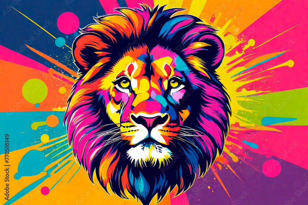 Multicolored portrait of majestic lion on color background in the style of pop art.