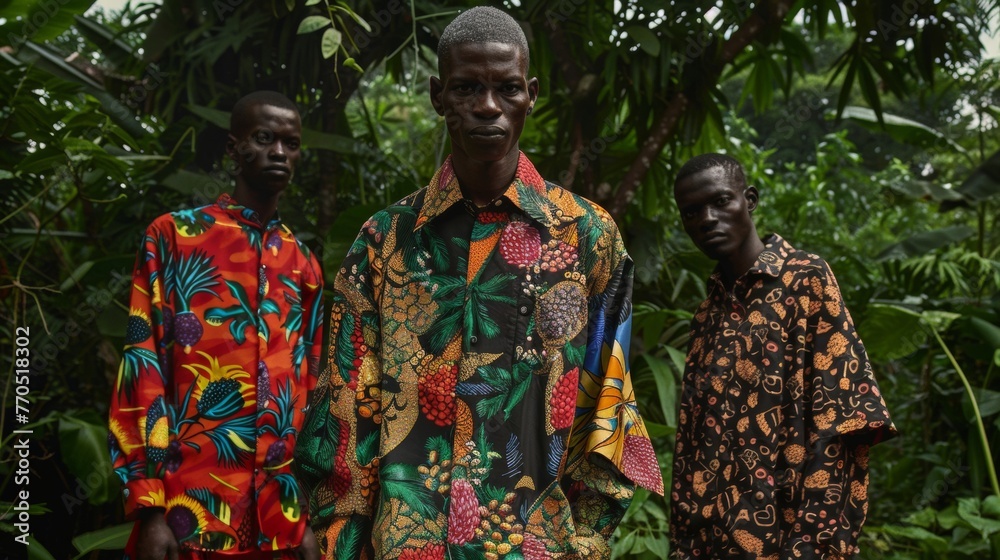 Vibrant African Fashion in Lush Forest: Models Showcase Wild Fruit Patterned Attire Vibrant African Fashion in Lush Forest: Models Showcase Wild Fruit Patterned Attire