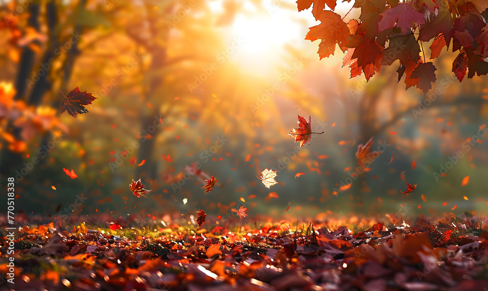 Autumn background with beautiful colorful leaves falling in the air and ground covered in fallen autumn leaves.  Beautiful natural autumn landscape with colorful foliage in the park.  