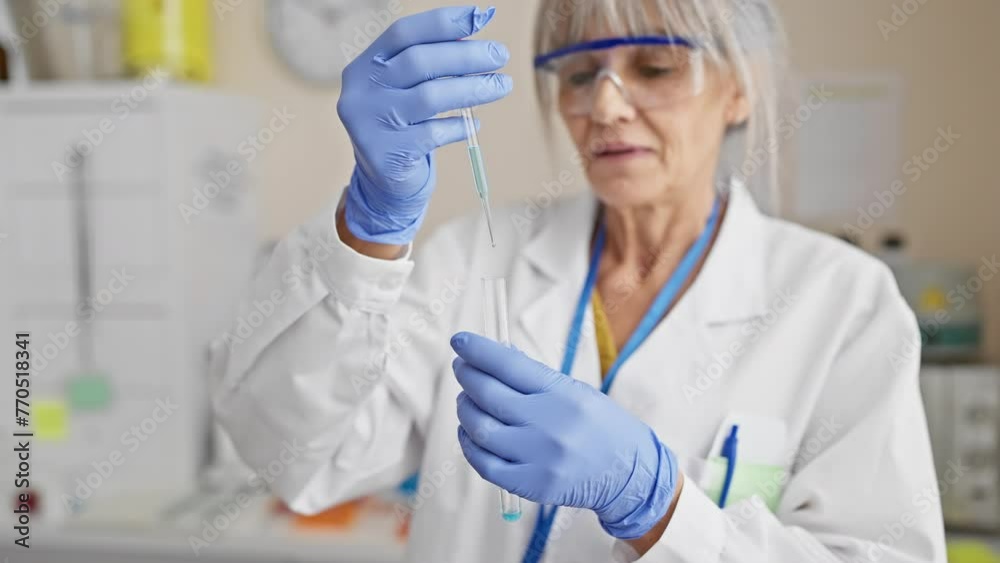 A mature woman scientist conducts an experiment in a laboratory, using a pipette and test tube. A mature woman scientist conducts an experiment in a laboratory, using a pipette and test tube.