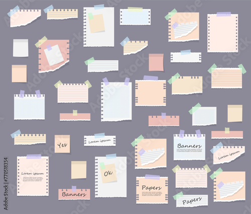 Paper notes on stickers, notepads and memo messages torn paper sheets. White and colorful striped note, copybook, notebook sheet. Office and school stationery, memo stickers. Vector