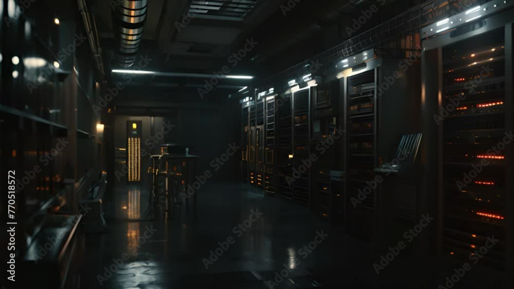 Modern Data Center Servers With Reflective Floor at Night Modern Data Center Servers With Reflective Floor at Night