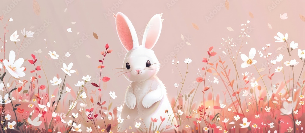 Whimsical Pastel Rabbit Amid Spring Blossoms in Soft,Minimalist