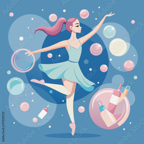 Graceful ballerina surrounded by floating bubbles, with ethereal beauty care products suspended in the air, capturing the essence of purity and gracefulness in skincare 