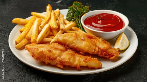 beautiful photo of two pieces of fish and French fries, deep fried, on a plate, front view