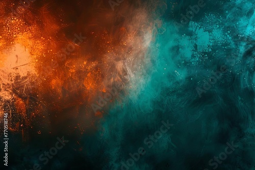 Abstract teal  orange  and black gradient background with grainy noise and bright glow  digital art