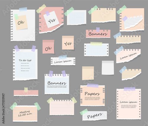 Paper notes on stickers, notepads and memo messages torn paper sheets. White and colorful striped note, copybook, notebook sheet. Office and school stationery, memo stickers. Vector