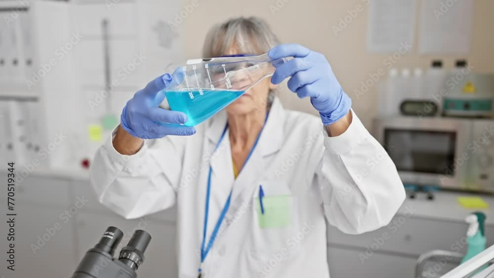 Mature female scientist analyzing blue liquid in flask at laboratory Mature female scientist analyzing blue liquid in flask at laboratory