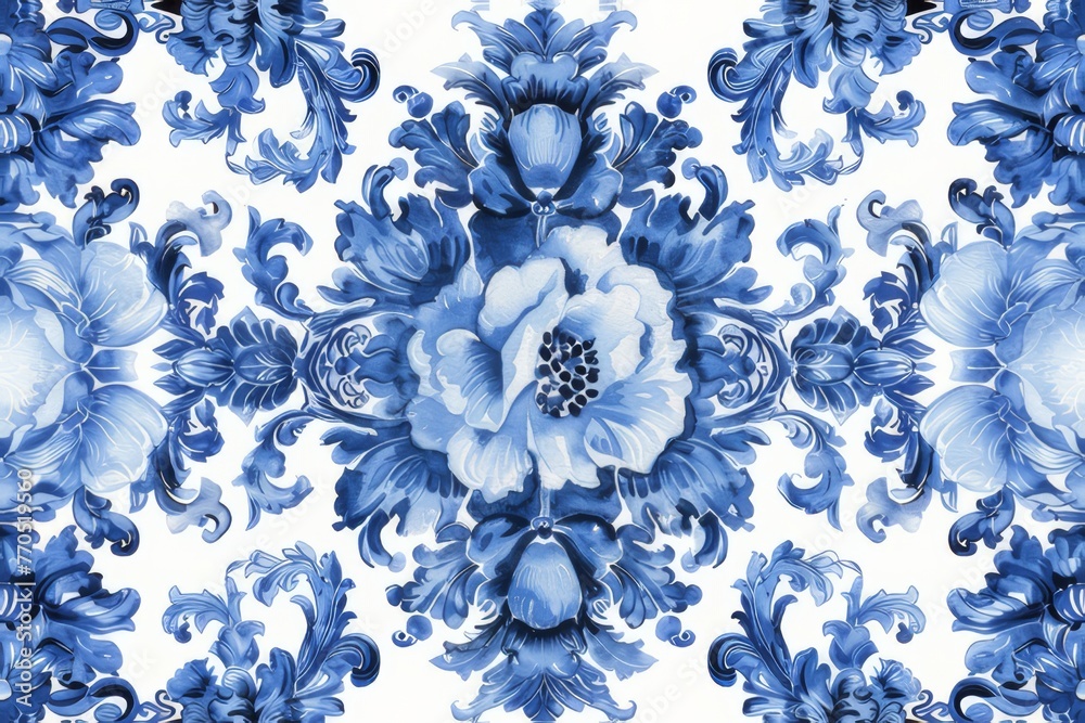 Watercolor Seamless pattern with blue and white