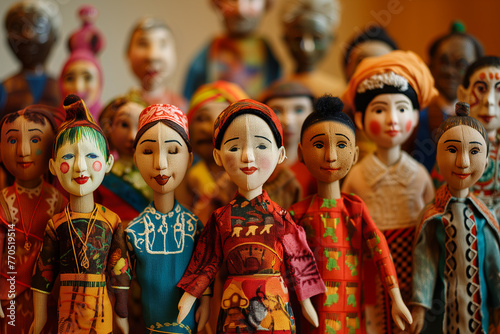 Global People diversity concept art shows in colorful puppet figures, Multi ethical and multi national handcrafted human figures standing in rows, Traditional handmade doll Souvenirs in fancy costumes