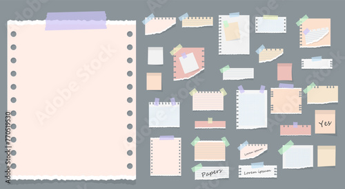 Paper notes on stickers, notepads and memo messages torn paper sheets. White and colorful striped note, copybook, notebook sheet. Office and school stationery, memo stickers. Vector