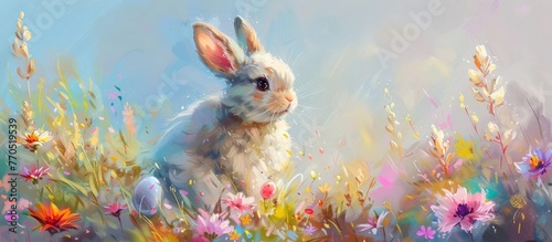 Adorable Fluffy Chubby Rabbit Enjoying Easter Egg Hunt in Vibrant Flower Field Pastel Painting