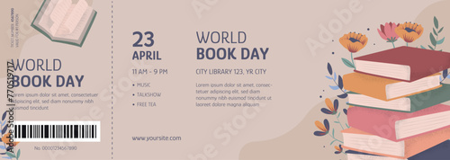 Hand drawn world book day celebration ticket template. Read more books. Set for book lovers. Various books, stack of books, notebooks. Vector illustration