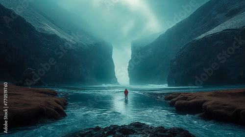 Lone person standing in a river flowing through a dramatic canyon at dusk.