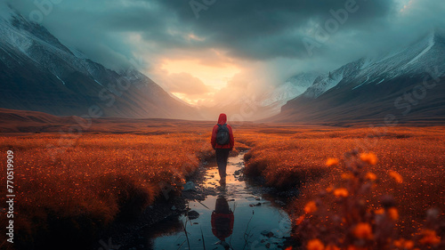 A solitary figure stands facing a stunning sunset amidst a vast mountainous terrain, reflecting on nature's grandeur