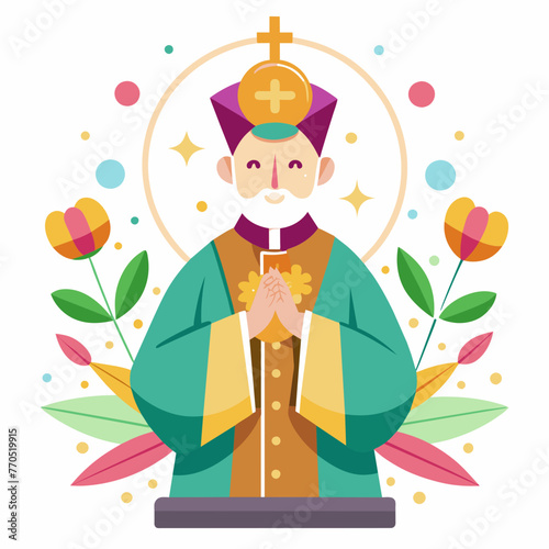 Vector Priest . A colorful cartoon card featuring a joyful child playing among spring flowers