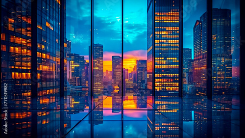 city skyline reflected in modern building windows at sunset