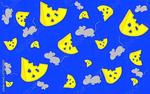 Cartoon pattern of cheese and mice. Pattern for children. Illustration with mice and a slice of cheese for printing on fabric, paper, bed linen, pajamas, stationery, wallpaper, notepads, dishes.