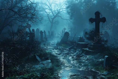 Eerie  muddy path winding through a misty  abandoned cemetery at night  creating a chilling and atmospheric dark fantasy landscape  digital art illustration.