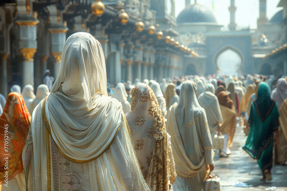 Group Of Women Go To Mosque To Pray In Traditional Islam Arabic Clothes, Luxury Sari Clothing, Muslim Feast Celebration, White Shawl Wrap, Elegant Covered Muslim Woman Back View Group Of Women Go To Mosque To Pray In Traditional Islam Arabic Clothes, Luxury Sari Clothing, Muslim Feast Celebration, White Shawl Wrap, Elegant Covered Muslim Woman Back View
