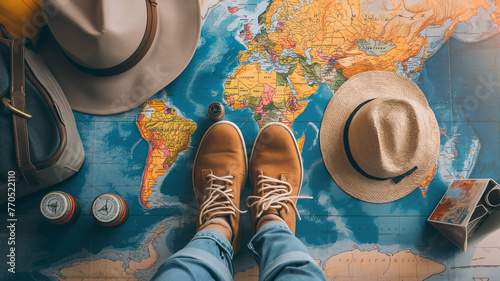 boots and hat on the world map