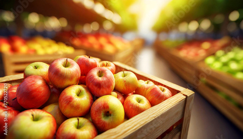 Close-up of a large group of wooden crates full of fresh ripe apples at the market or store with a great variety of choice. Buying vegetables and fruits at the market. Generative Ai.