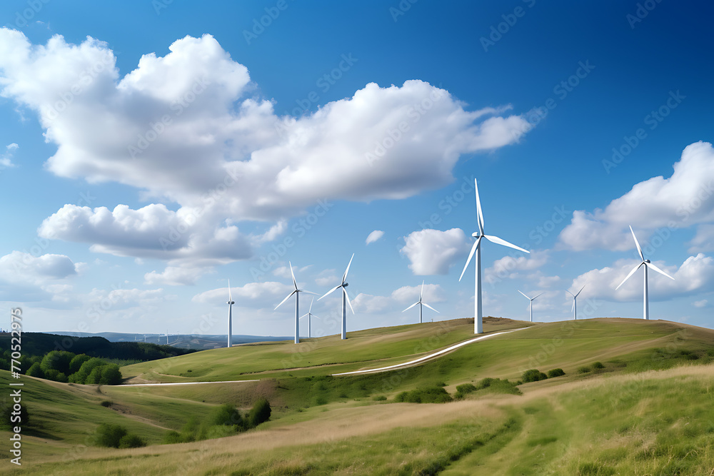 row of wind turbines on green hills, harnessing energy against a clear blue sky. Generative ai
row of wind turbines on green hills, harnessing energy against a clear blue sky. Generative ai