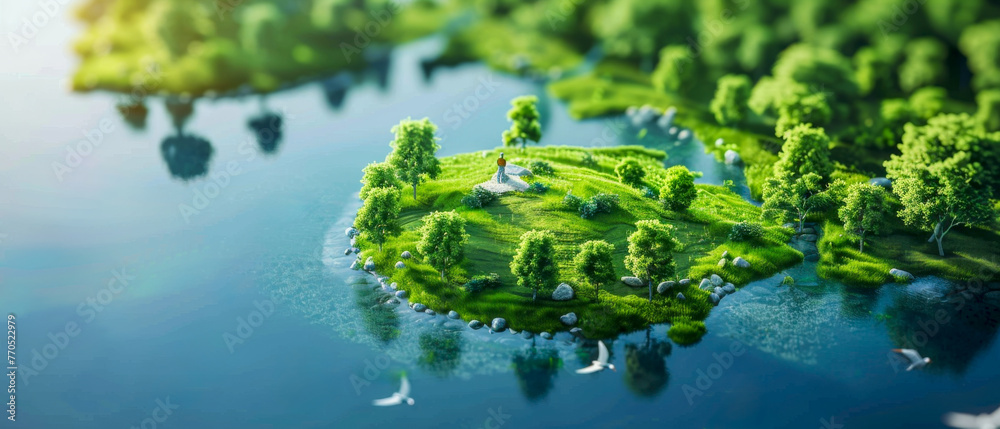 Naklejka premium Aerial view of a small island with a body of water in the background