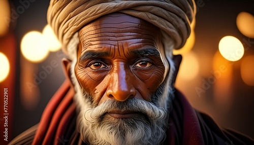 Wisdom Illuminated: Elderly Man in Turban Amidst Glowing Lights