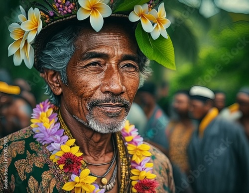 Elderly Man Embracing Tradition: Hawaiian Lei Adornment