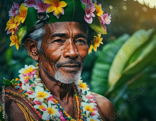 Elderly Man Embracing Tradition: Hawaiian Lei Adornment